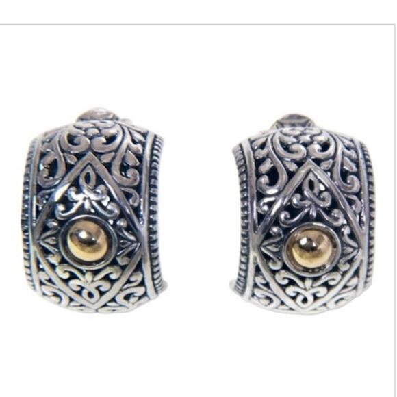 NF Signed 925 Bali Crafted Floral Half Hoop Pierced Earrings Gold Accent - Picture 1 of 10